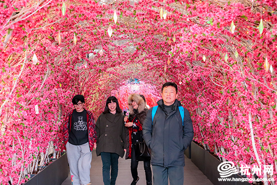 一家四口穿过"桃花"走廊母子俩在布条上写下心愿小朋友在心愿树旁许愿